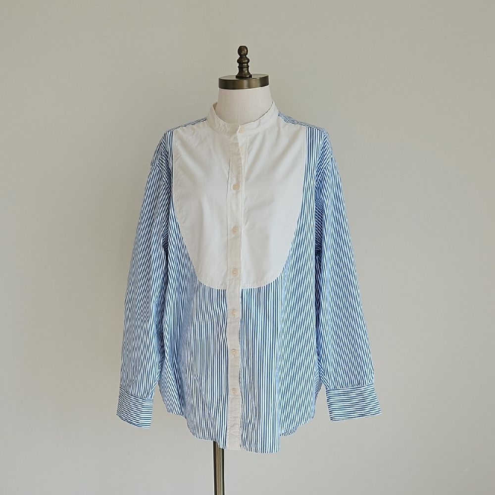 GAP Blue and White Striped Button-Down Bib Front Shirt